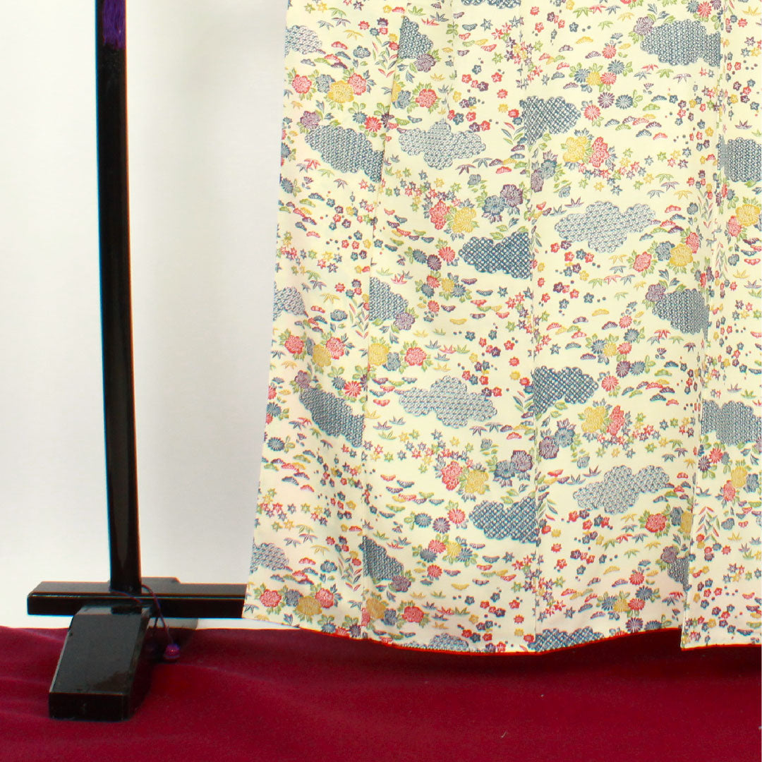 小紋 身丈162cm 裄丈63cm 袷 鳥の子色 型染 草花模様 正絹 Sランク クリーム系 1115002382415