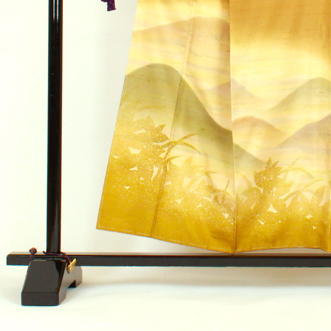 訪問着 袷 身丈157cm 裄丈63cm 牛首紬 遠山 草葉模様 正絹 Sランク 黄系 1112000522323