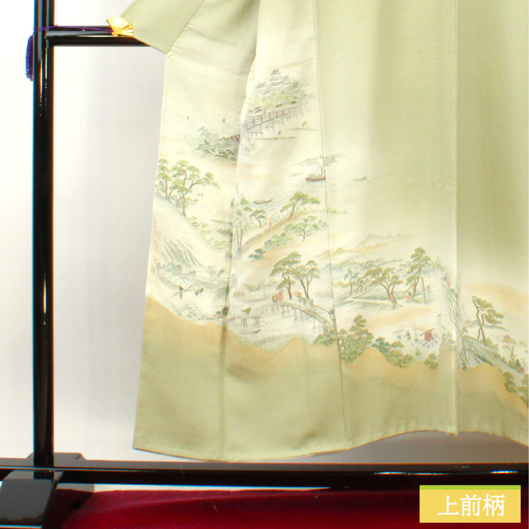 彩色留袖、纯丝、长度152cm、袖长63cm、里料、黄绿色和灰色、寿编织、山水纹、一个纹章、五葫芦和中国花图案圆圈、附缝纫线、未使用、S级、绿色、1111001342219