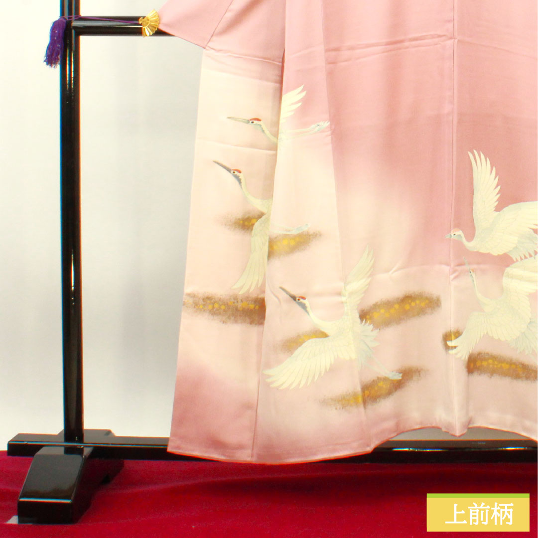 彩色留袖、纯丝、长度 154.5 厘米、袖长 62.5 厘米、衬里、淡红色、京友禅、仙鹤、三个徽章、不同的鹰羽、S 级、三个徽章、粉红色、1111001232213