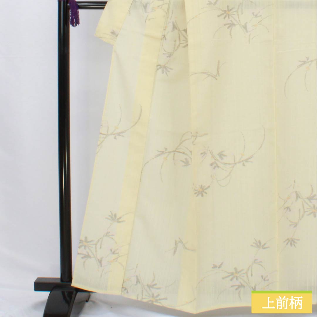 夏物 正絹 紬 身丈162.5cm 裄丈64.5cm 鳥の子色(とりのこいろ) すくい織 草花模様 紗 Aランク クリーム系 1132002873415