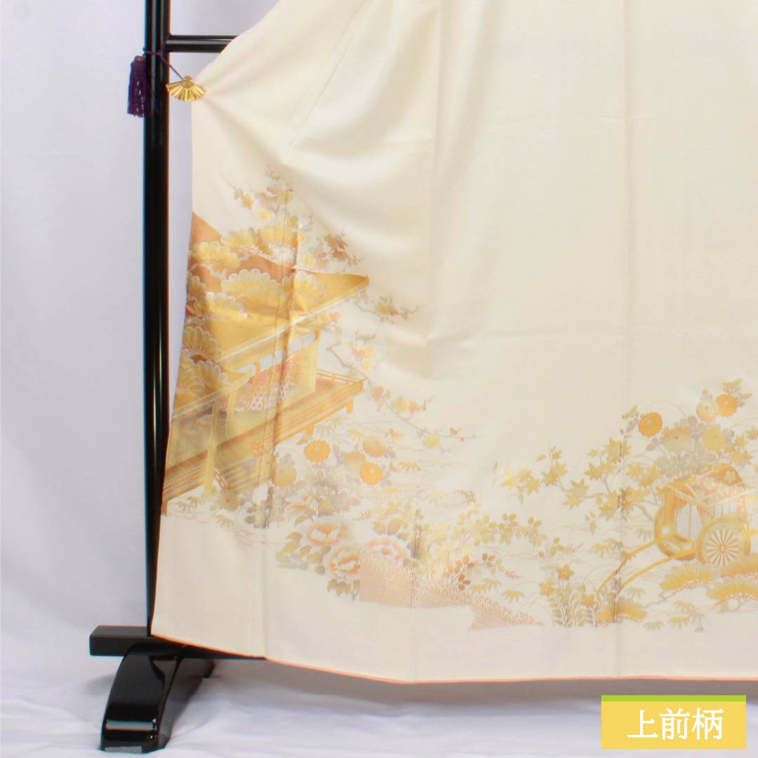 色留袖 正絹 Sランク 身丈160cm 裄丈60.5cm 袷 乳白色(にゅうはくしょく) 一つ紋 丸に木瓜 和田光正 金彩加工 時代風景模様 御所車 一つ紋 白系 1111002012411