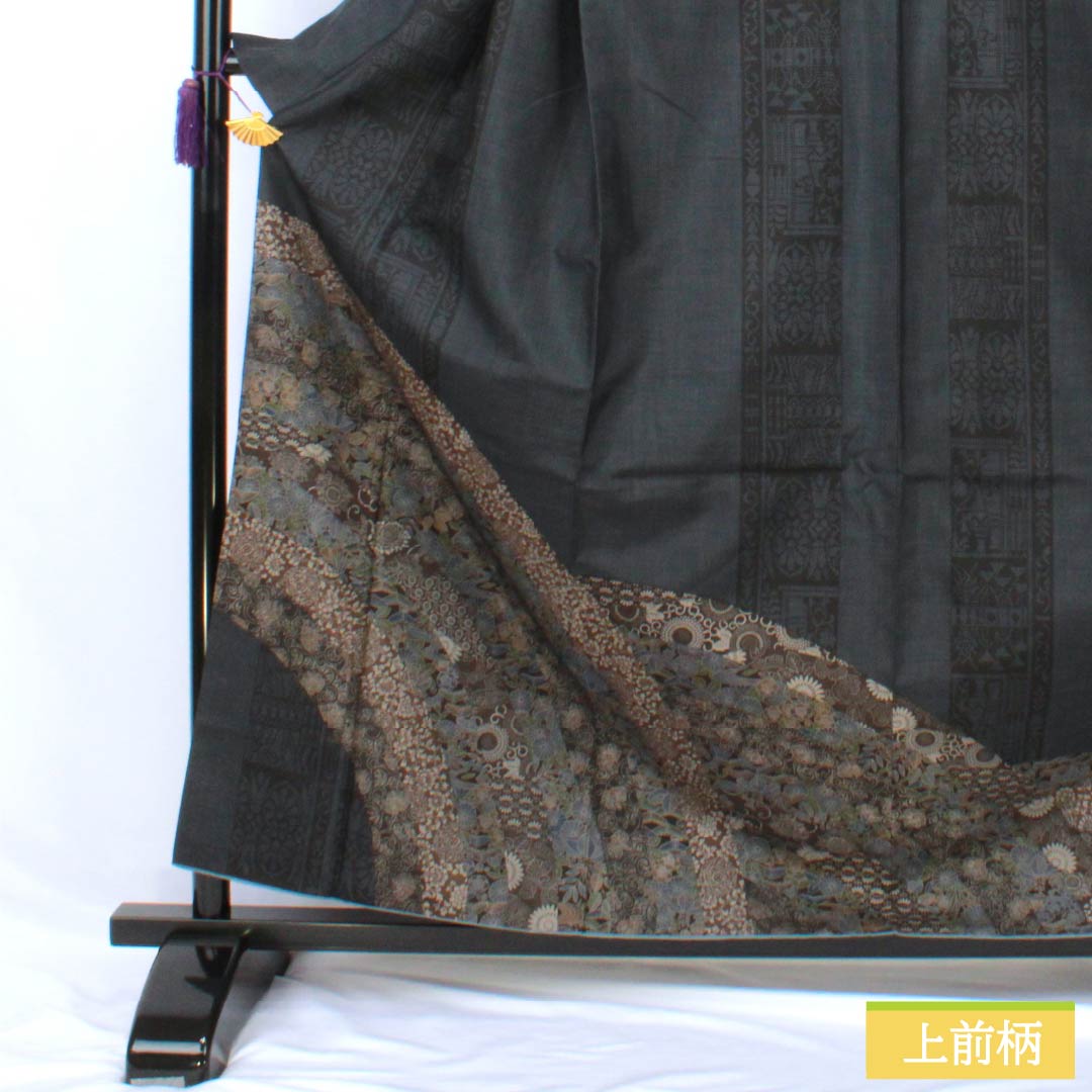 訪問着 正絹 Sランク 袷 身丈161.5cm 裄丈65.5cm 紺色(こんいろ) 大島紬 草花 紺系 1112007302418