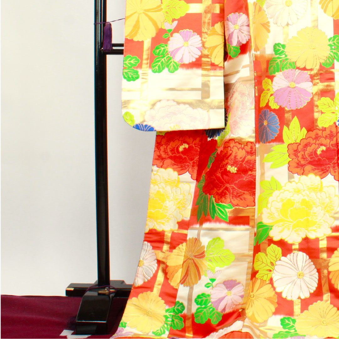 色打掛 身丈185cm 緋色 市松 花模様 正絹 Aランク 袷 朱系 1110000493916