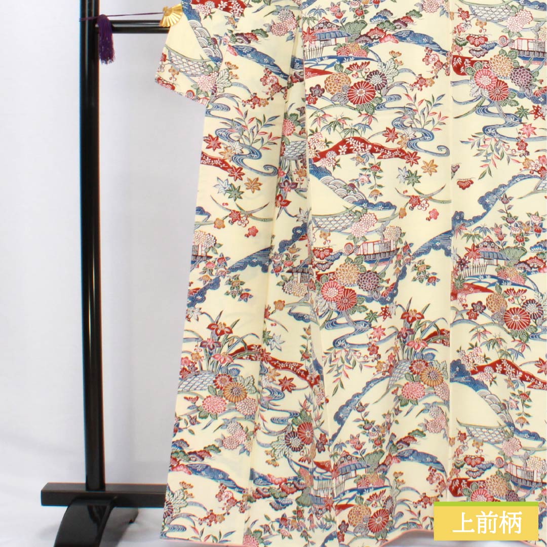 Komon (small pattern) kimono, pure silk, length 164cm, sleeve length 63.5cm, lined, light egg-colored (usutamagoiro) stencil-dyed, Chayatsuji, tsumugi fabric, S rank, cream, product number 1115006172415