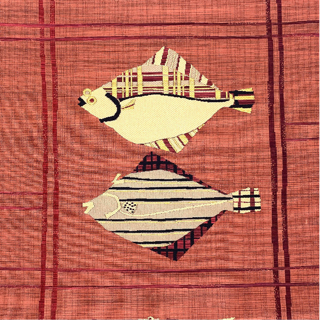 袋帯 魚柄 抽象模様 帯丈436cm 正絹 Sランク 六通 カジュアル 赤系 1123004132312