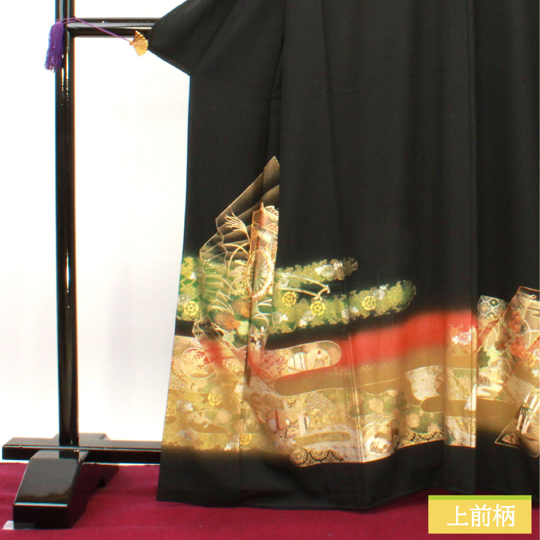 Black formal kimono, pure silk, length 164cm, sleeve length 65cm, lined, gold leaf finish, auspicious motif, artist's work, five crests, ivy, A rank, five crests, black, 1111001263410