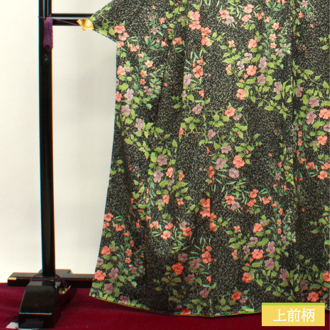Small pattern, polyester, length 166cm, sleeve length 67cm, lined, washable kimono, floral pattern, taped dyeing, with basting thread, S rank, black, 1115003982510
