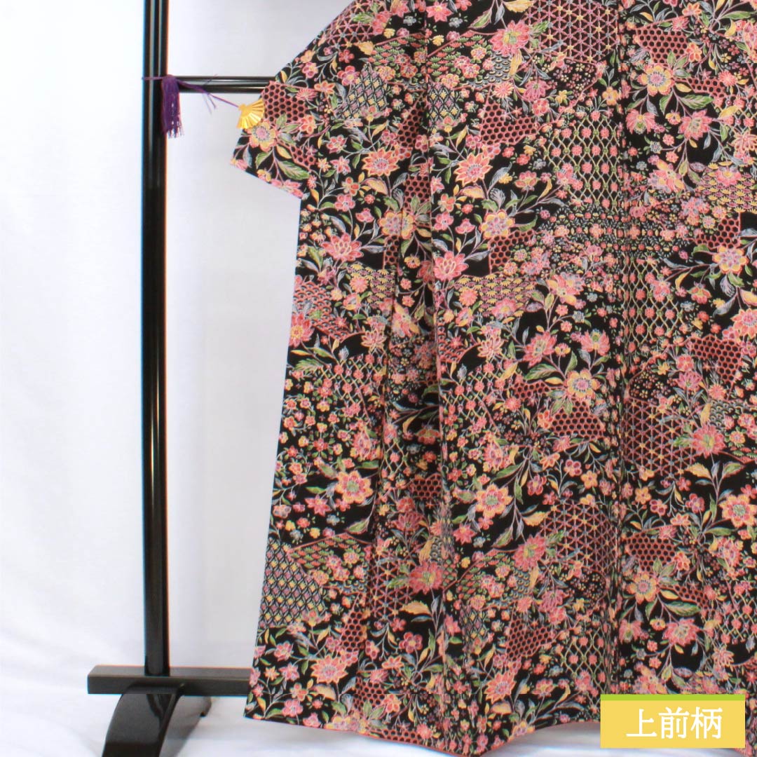 小紋 正絹 Sランク 身丈162cm 裄丈63.5cm 袷 総花 黒系 1115007172410