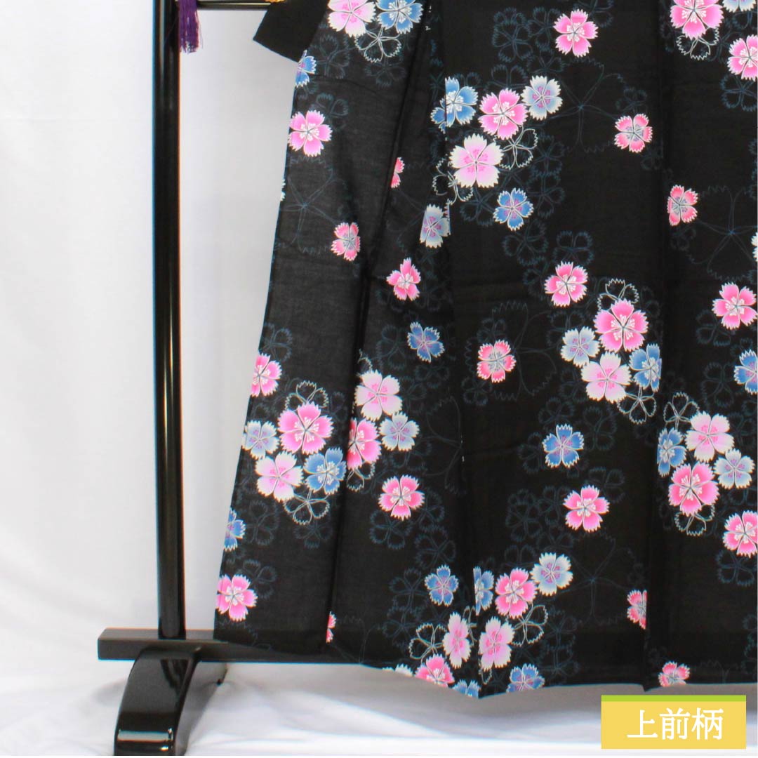 浴衣 木綿 身丈160cm 裄丈66cm Sランク 単衣 黒系 撫子 1118006142410