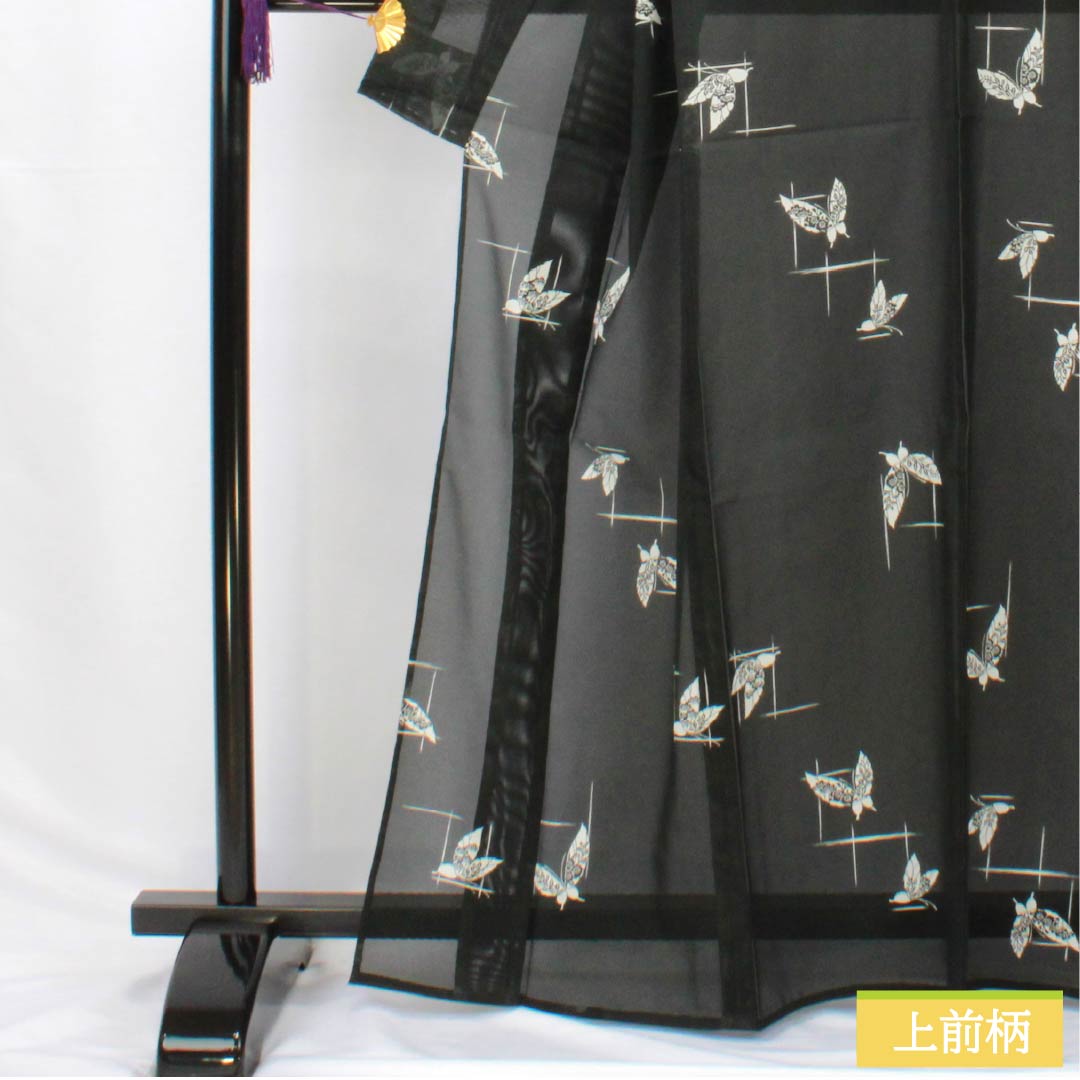 夏物 ポリエステル 小紋 身丈165.5cm 裄丈64cm 格子 蝶 絽 Aランク 黒系 1132002383510