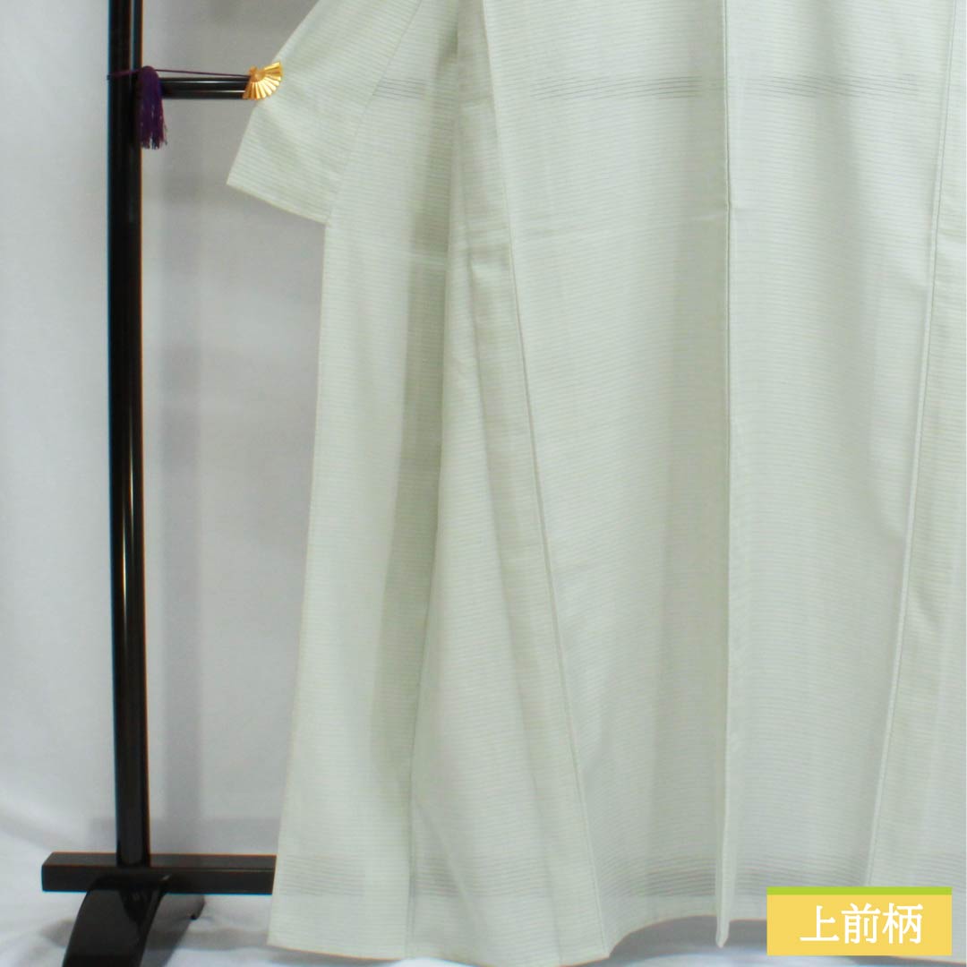 夏物 ポリエステル 色無地 Aランク 身丈163cm 裄丈66cm 青白磁色(せいはくじいろ) 一つ紋 五三桐 洗える着物 絽 緑系 1132002903419