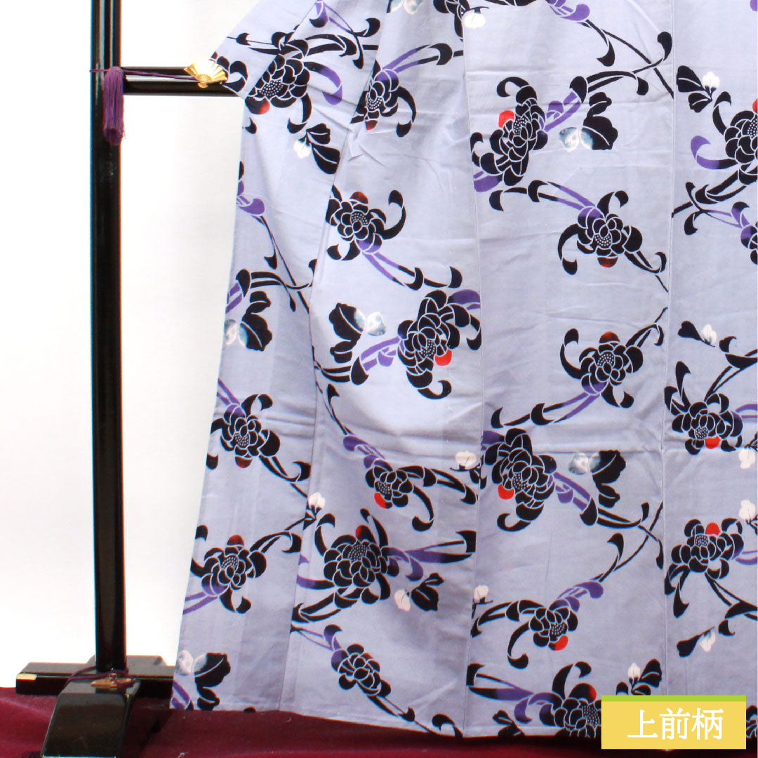 浴衣 木綿 身丈164cm 裄丈65.5cm Aランク 単衣 グレー系 白菫色(しろすみれいろ) 菊 1118004873422