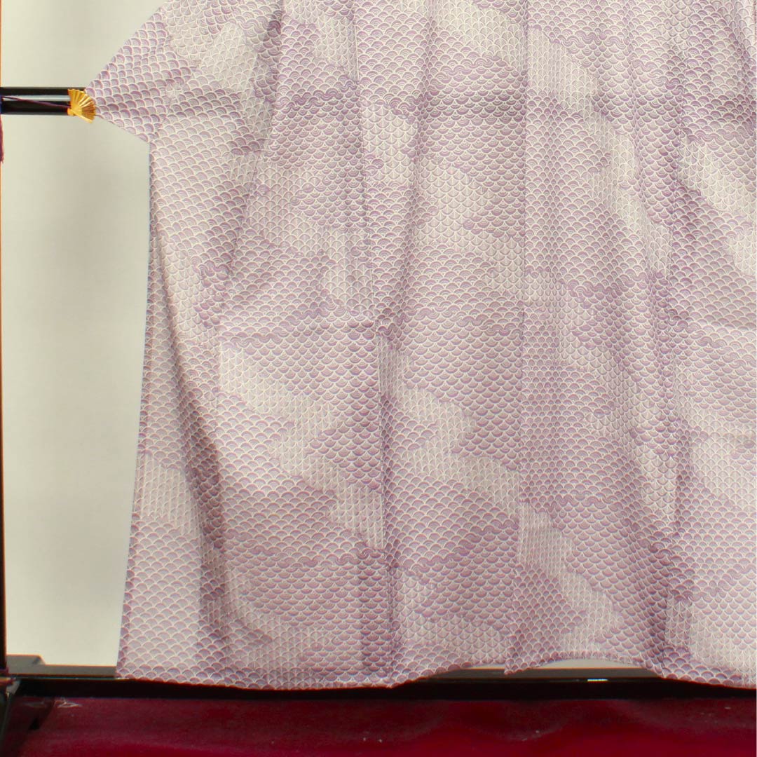 Summer polyester komon, length 157cm, sleeve length 62.5cm, half-color (hashitairo), Seigaiha, silk, S rank, purple, 1132000282320