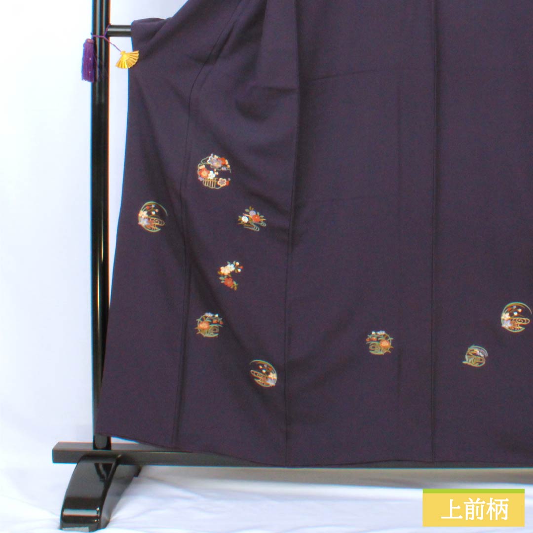 訪問着 正絹 Aランク 袷 身丈157.5cm 裄丈64.5cm 紫烏色(しうしょく) 蘇州刺繡 花丸 吉祥文様 付下げ 紫系 1112007233320