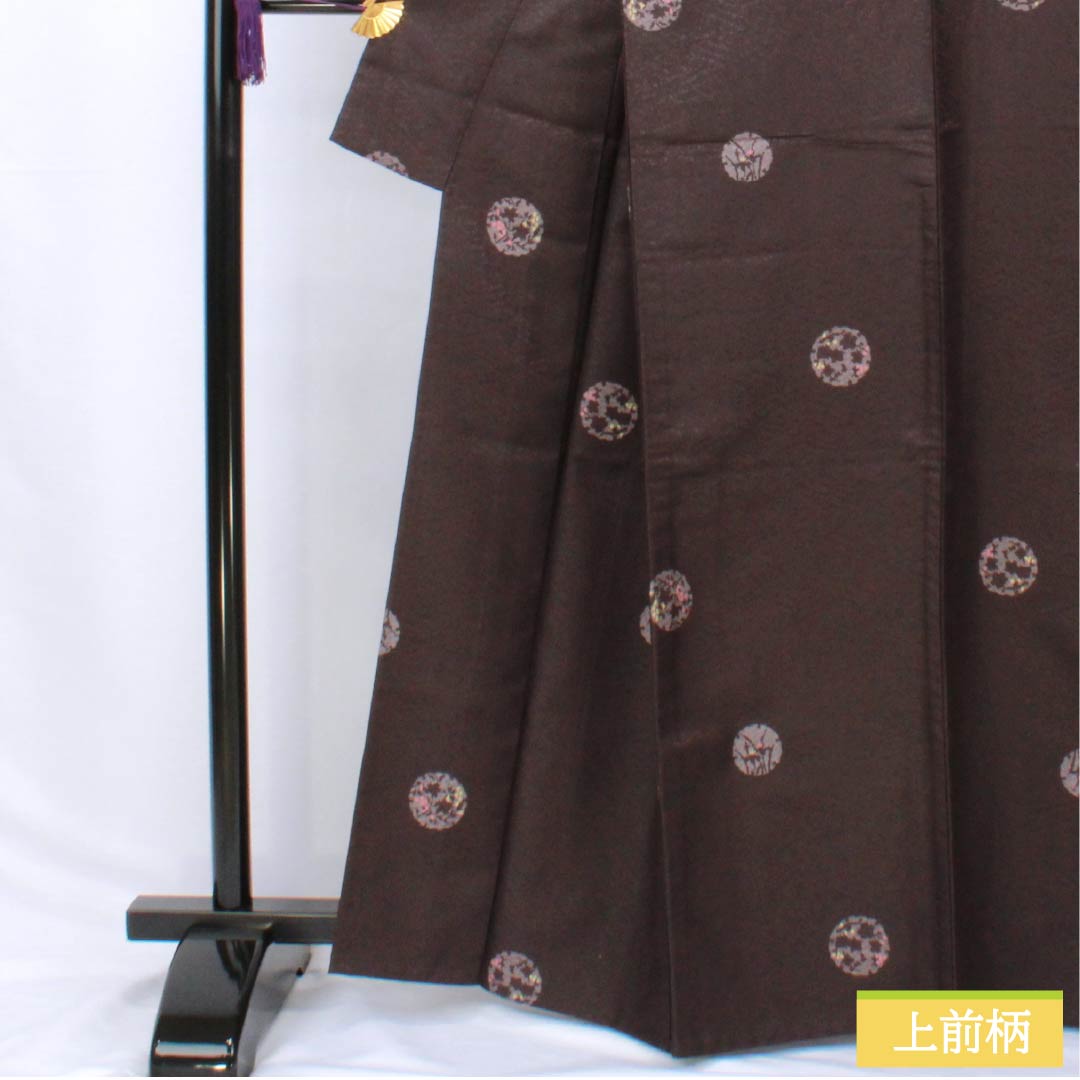 小紋 ポリエステル 身丈164.5cm 裄丈65.5cm 単衣 紫烏色(しうしょく) 雪輪 花びら 洗える着物 Sランク 紫系 1115006062420