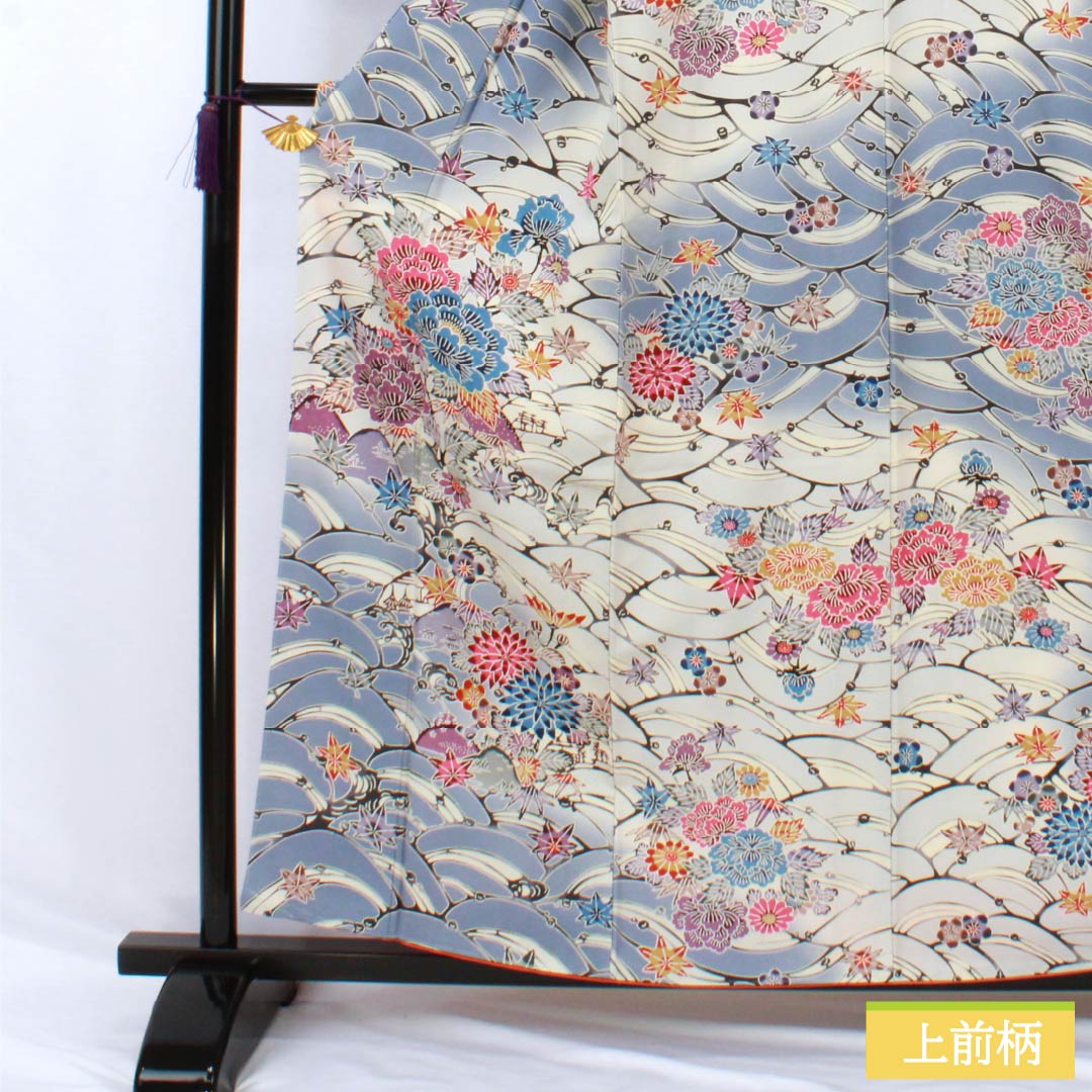 訪問着 正絹 Aランク 袷 身丈158cm 裄丈65cm 紺藤色(こんふじいろ) 京紅型 花 しつけ糸付き 青系 1112007023317