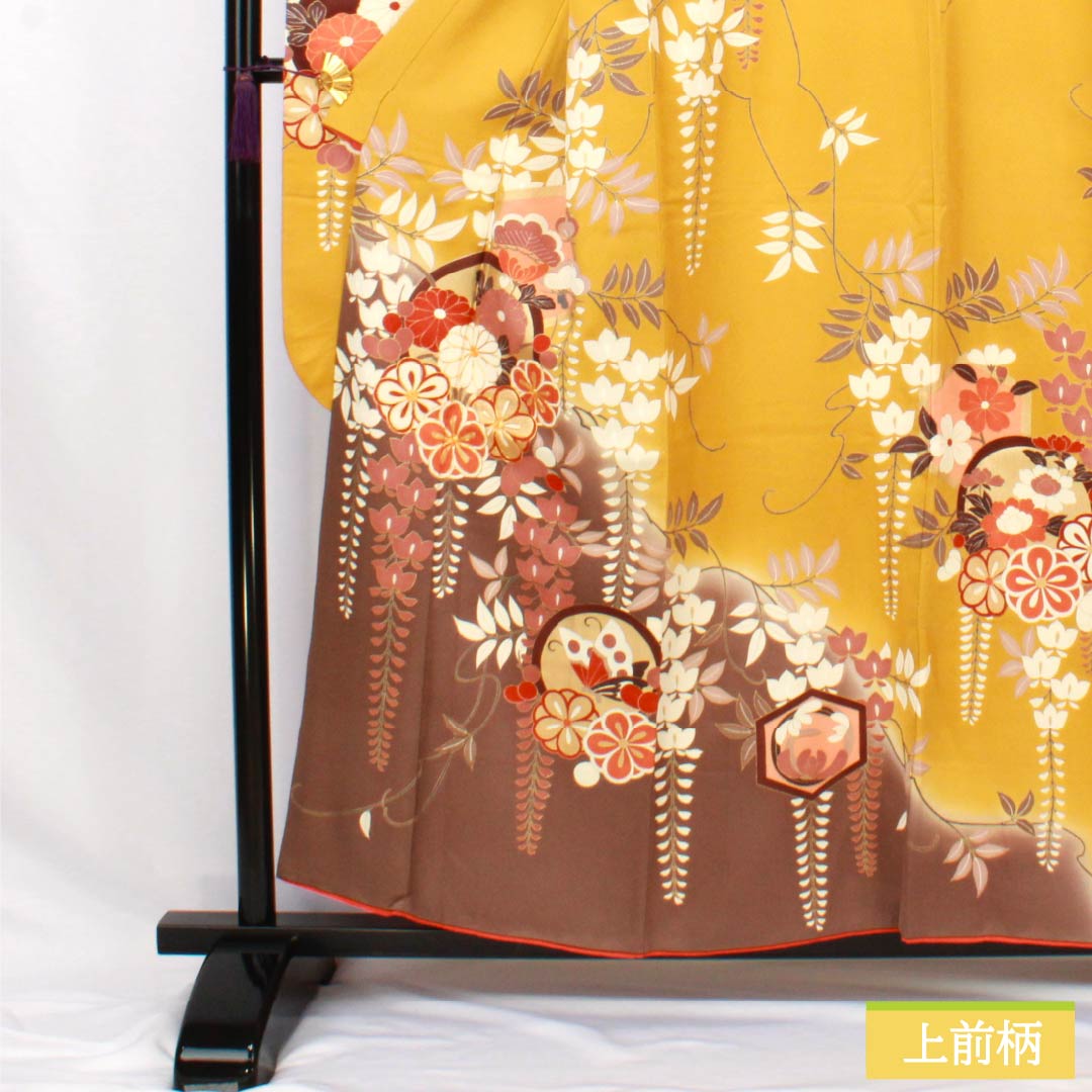 Silk Furisode, A Rank, Length 156.5cm, Sleeve-to-Sleeve 63cm, Lined, Ocher, Kyo-Yuzen, Auspicious Patterns, Plum, Wisteria, Butterfly, Yellow tones, 1113002573323