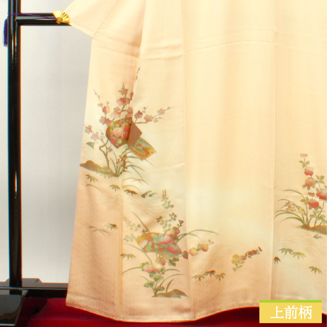 訪問着 正絹 袷 身丈164.5cm 裄丈65.5cm 乙女色(おとめいろ) 京友禅 金彩加工 草花模様 パールトーン加工 Sランク ピンク系 1112004402413