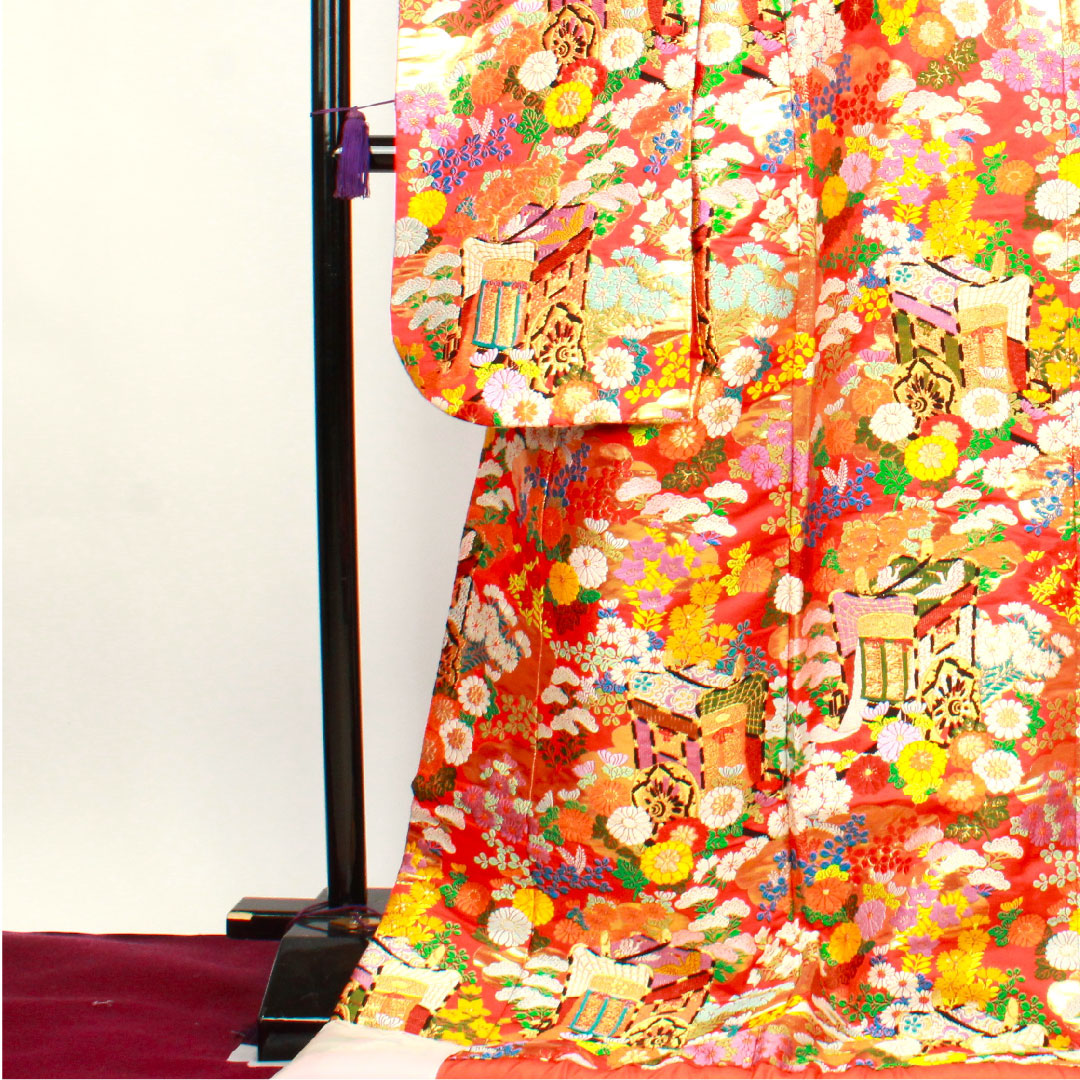 色打掛 身丈192cm 緋色 唐織 御所車 吉祥文様 正絹 Sランク 袷 朱系 1110000242916