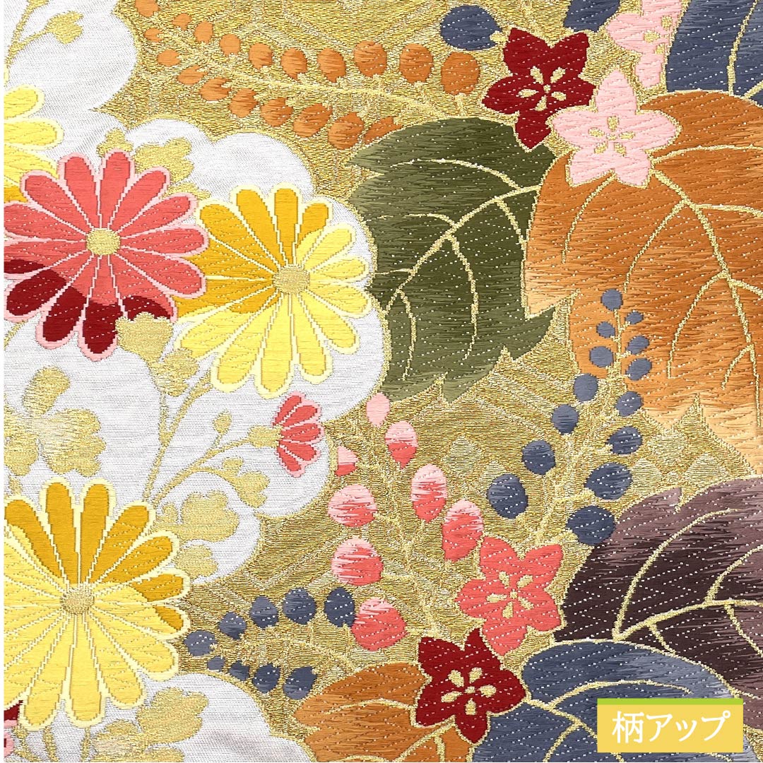 袋帯 正絹 魚肚白色(ぎょとはくいろ) 白綾苑大庭 菊 桔梗 笹 帯丈432cm Aランク 六通 フォーマル グレー系 1123012023322