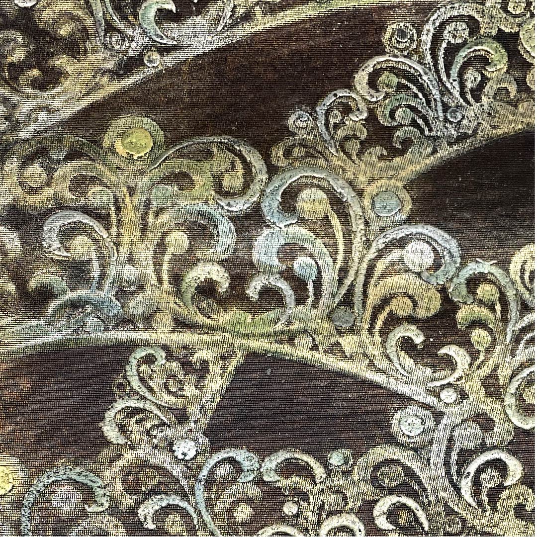 (未仕立)袋帯 憲房色(けんぼういろ) 金唐皮(きんからかわ) 抽象模様 帯丈478cm 正絹 Sランク 六通 フォーマル 茶系 1123006082414