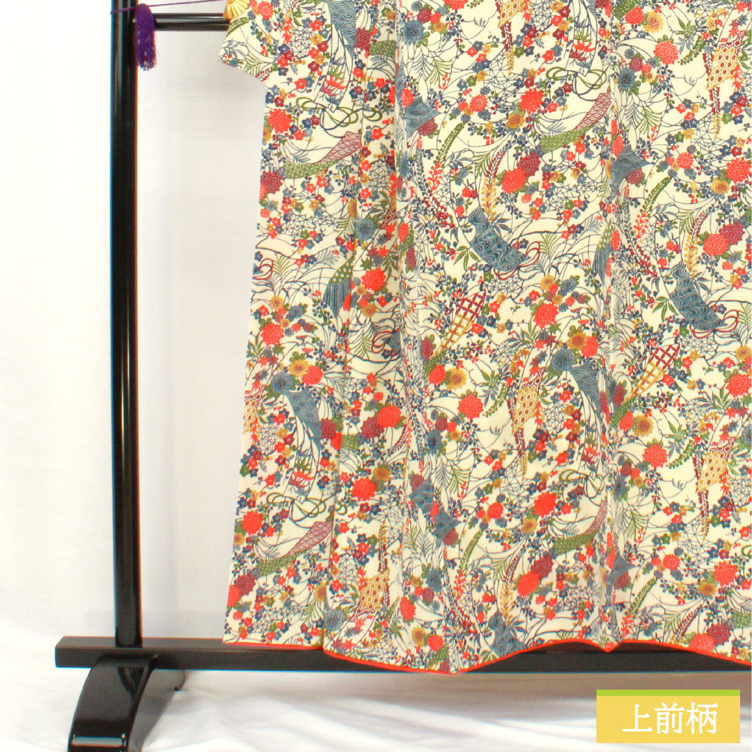 小紋 正絹 身丈154cm 裄丈63cm 袷 乳白色(にゅうはくしょく) 京紅型 吉祥文様 Bランク クリーム系 1115004844215