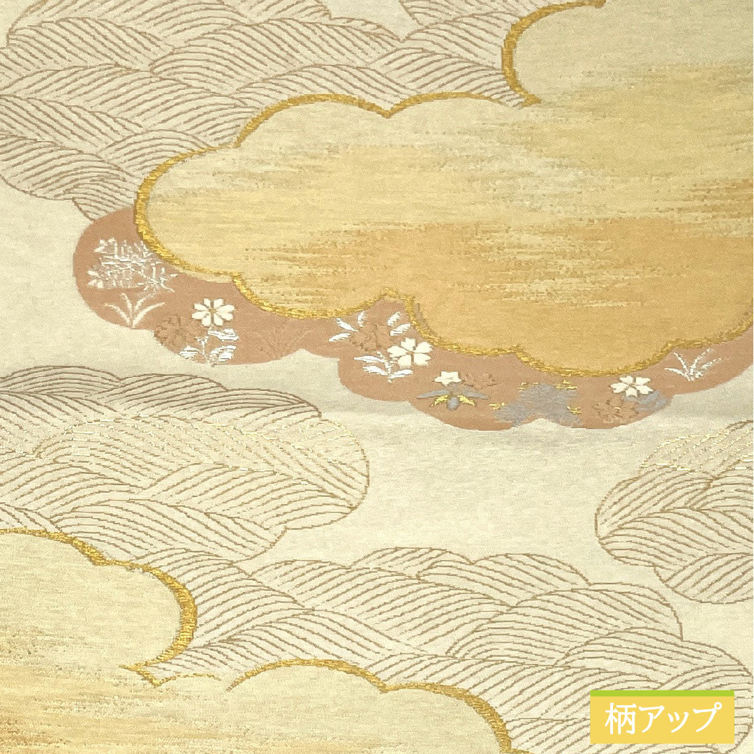 袋帯 正絹 Aランク 西陣織 雲取り 小花 帯丈428cm 六通 フォーマル 銀系 1123017233322