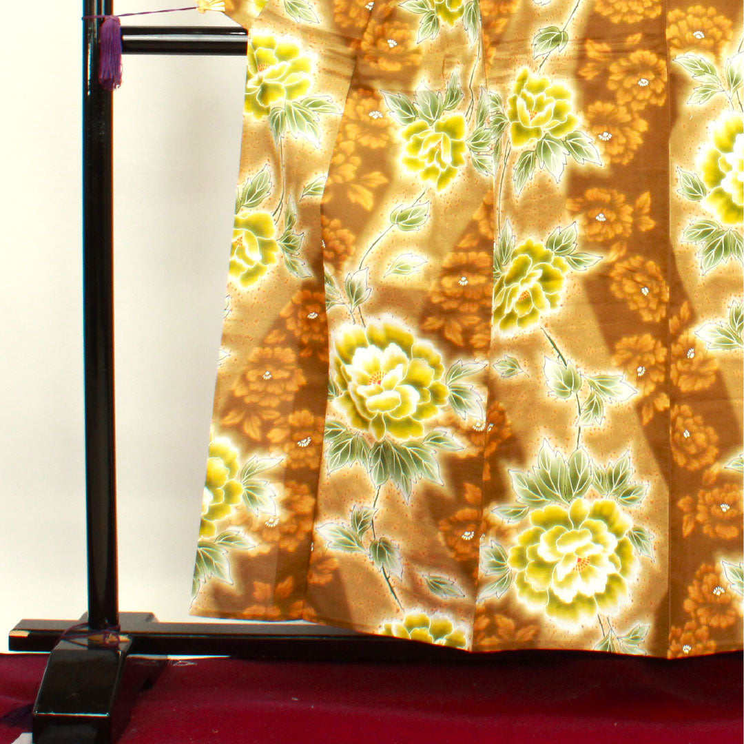 浴衣 しつけ糸付き 未使用品 団栗色 牡丹 木綿 Sランク 単衣 身丈158.5cm 裄丈63.5cm 茶系 1118002702314