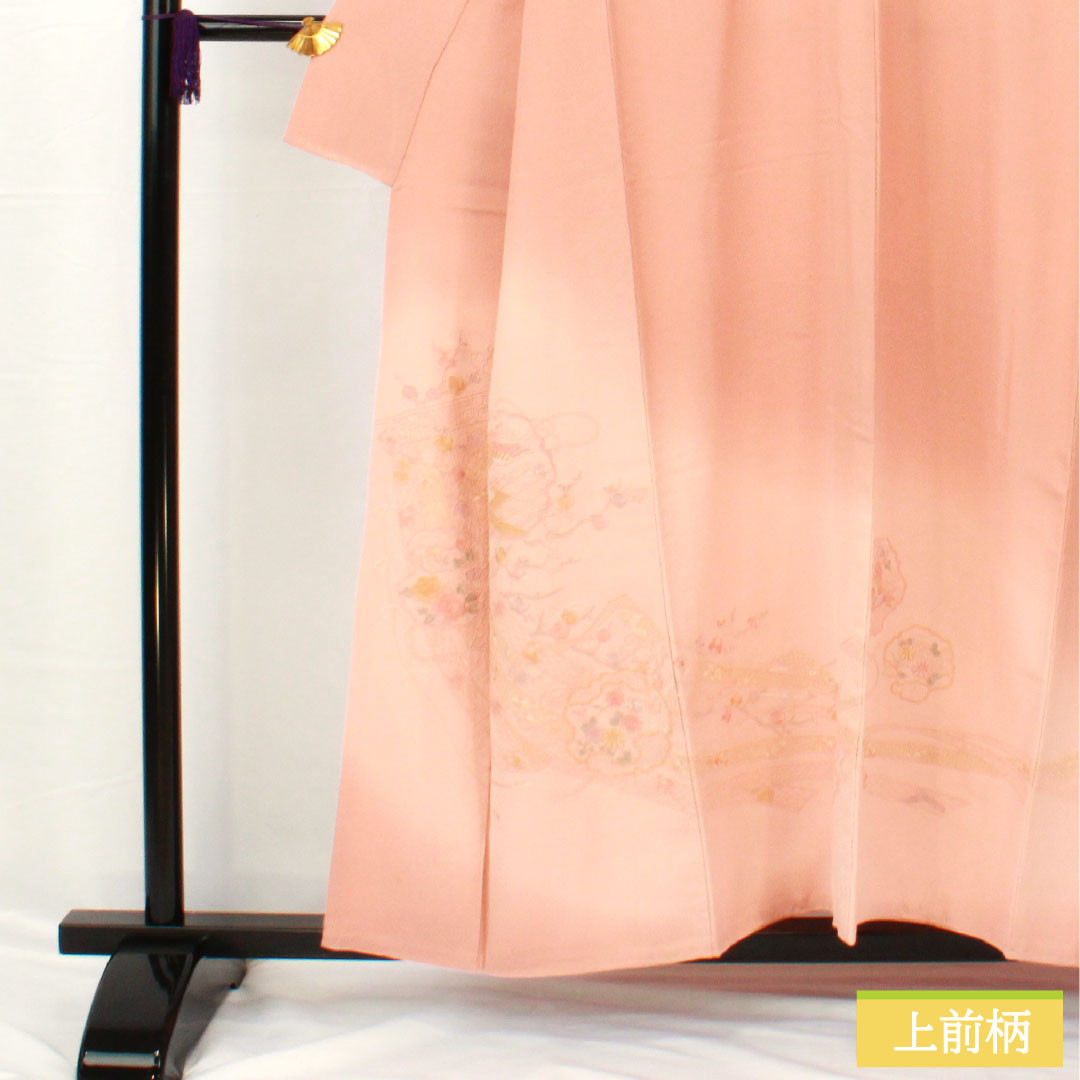 色留袖 正絹 身丈155cm 裄丈62.5cm 袷 東雲色(しののめいろ) 蘇州刺繡 吉祥文様 一つ紋 丸に違い鷹の羽 Bランク ピンク系 1111001694313