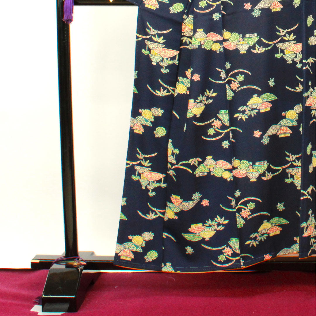 小紋 身丈155cm 裄丈63cm 袷 濃紺色 型染 正絹 Aランク 紺系 1115002983318