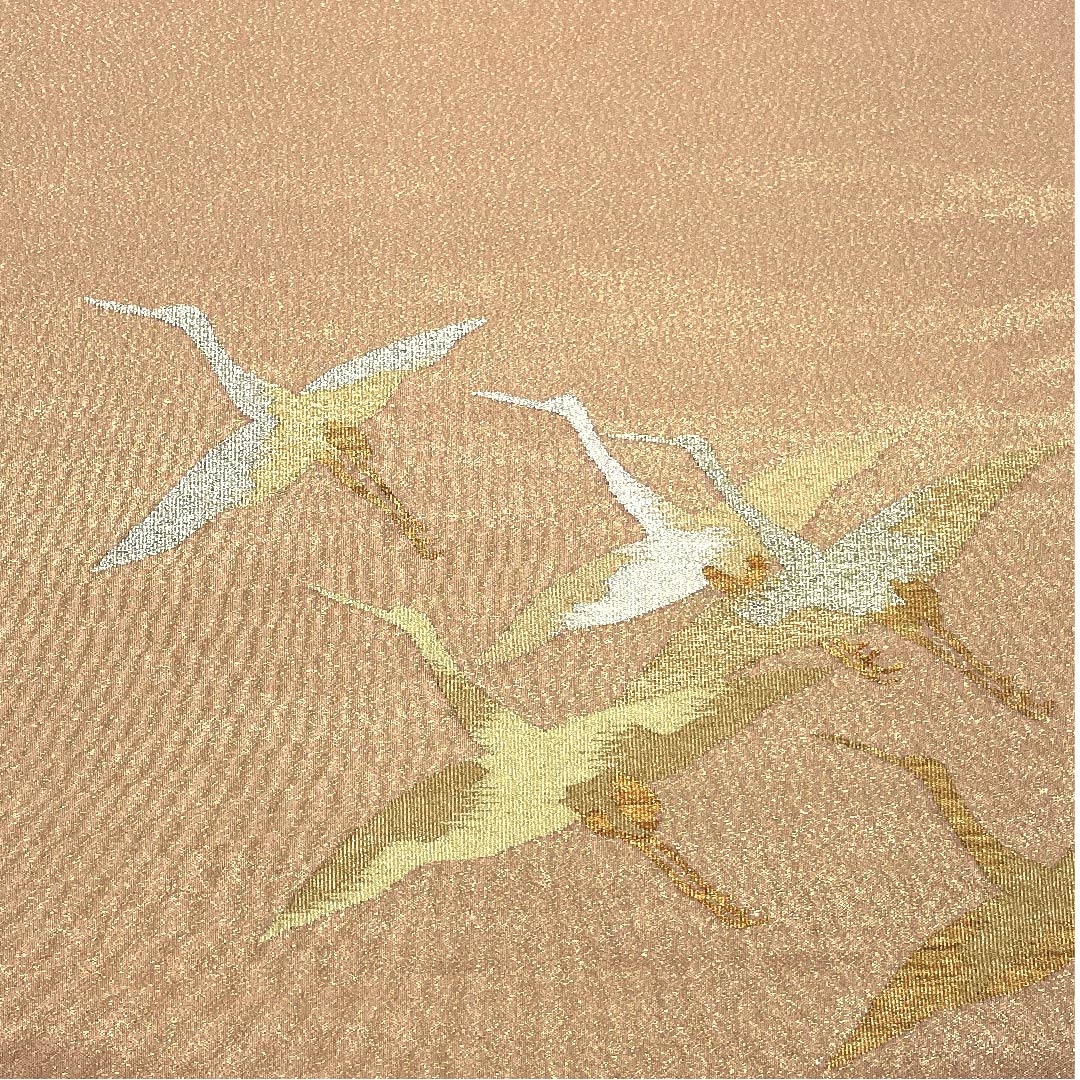 袋帯 薄赤色(うすあかいろ) 鶴 金糸 帯丈452cm 正絹 Sランク ポイント柄 フォーマル 茶系 1123007622414