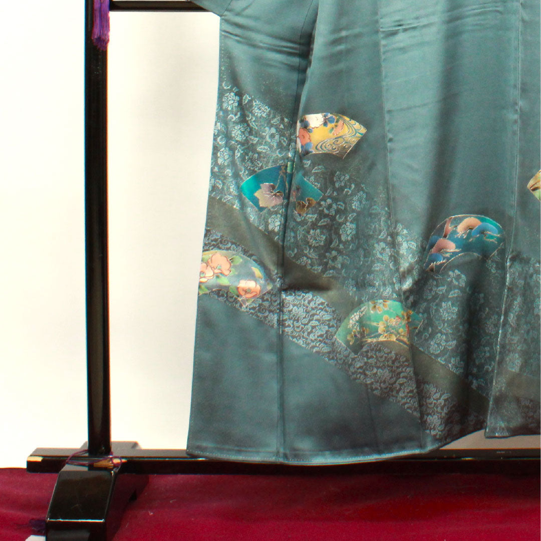 Homongi, lined, length 154.5cm, sleeve length 66cm, rust color, gold leaf finish, fan surface, auspicious motif, pure silk, S rank, blue 1112002682217
