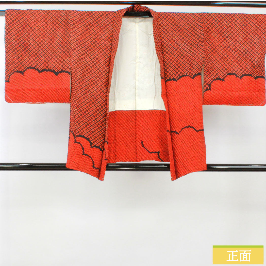 羽織 正絹 身丈75cm 裄丈65cm 緋色(ひいろ) 総絞り 抽象模様 しつけ糸付き Sランク 袷 朱系 1117001052916