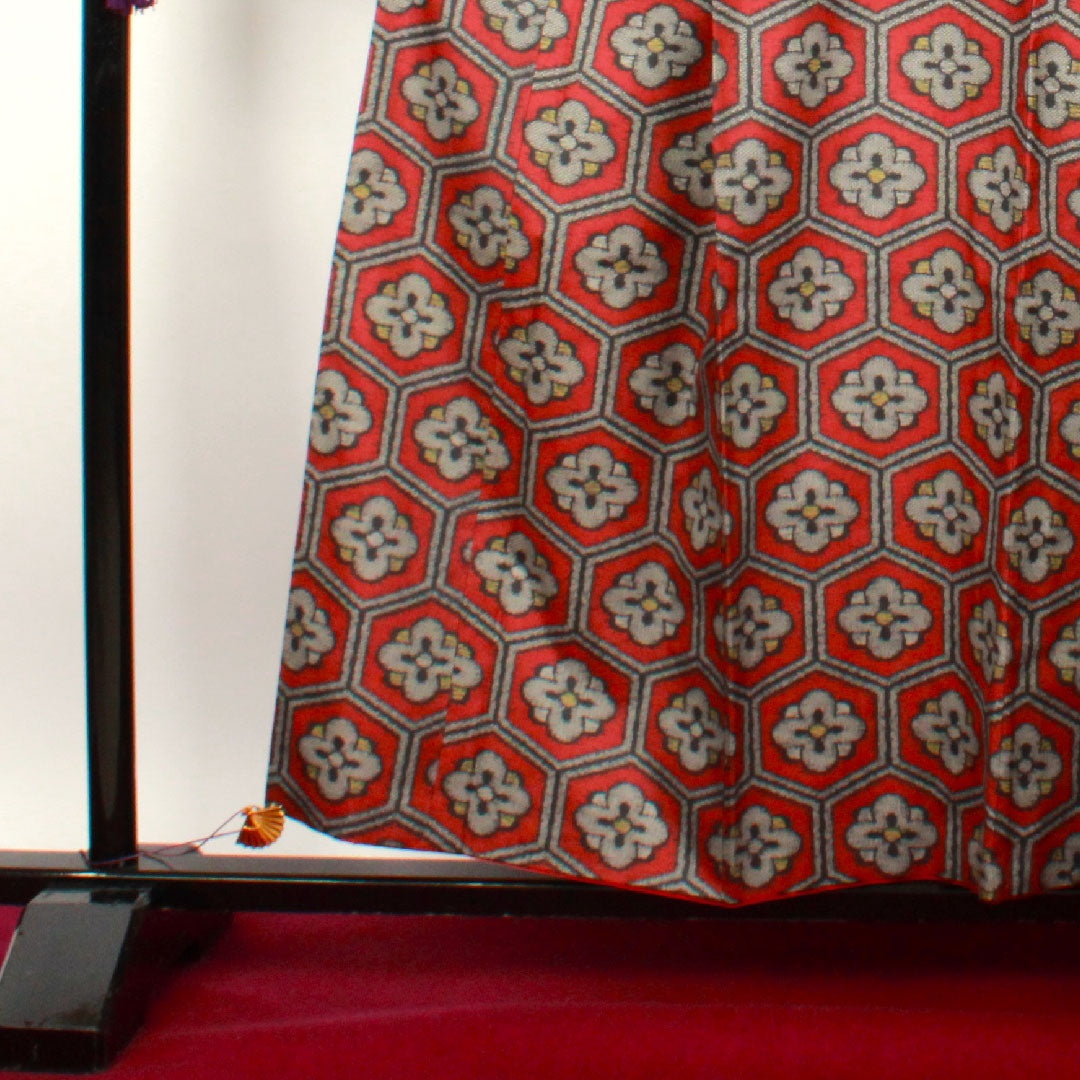 村山大島 身丈151.5cm 裄丈62cm 臙脂色 アンサンブル 亀甲に梅 正絹 Aランク 袷 赤系 1116001633212