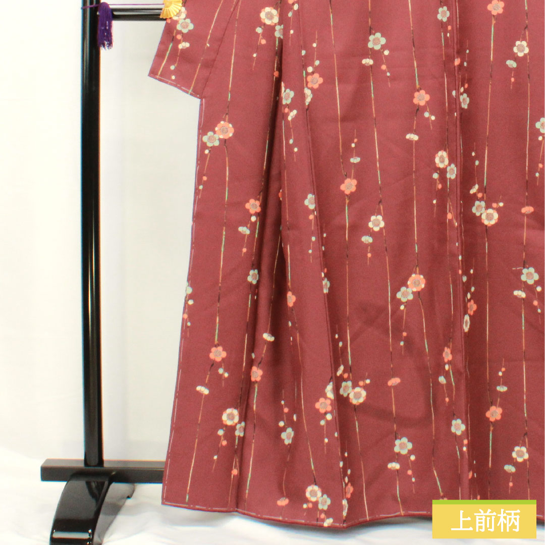 小紋 ポリエステル 身丈162cm 裄丈65.5cm 袷 紫土色(しどいろ) 洗える着物 梅 しつけ糸付き Aランク 紫系 1115004853420