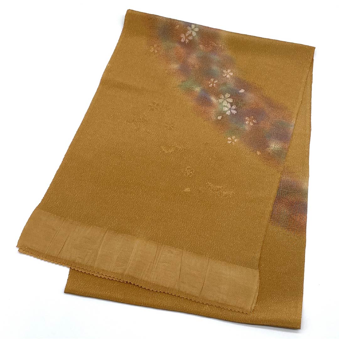 帯揚げ 正絹 フォーマル 遠州茶色(えんしゅうちゃいろ) 金通し 桜 花柄 長さ約172cm 幅約30cm Sランク 茶系 1136000422914