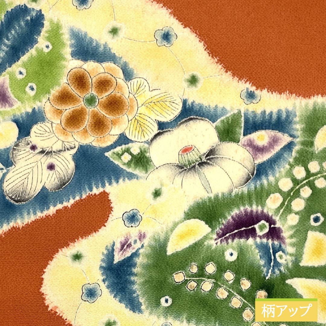 名古屋帯 赭色(そおいろ) ちりめん地 辻ヶ花 帯丈362cm 正絹 Aランク ポイント柄 セミフォーマル 橙系 1124008043326 名古屋仕立て