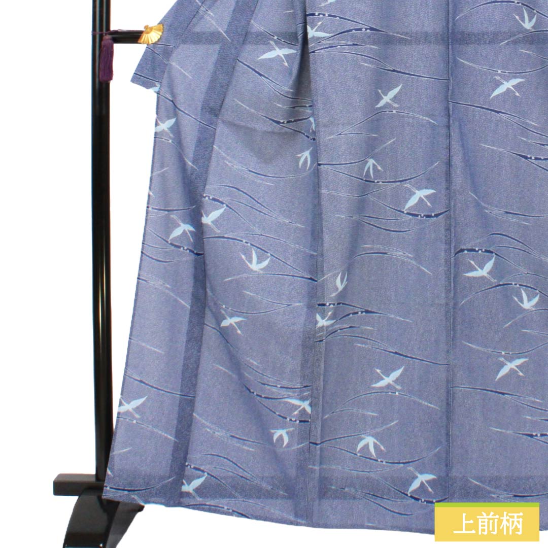 夏物 ポリエステル 小紋 Aランク 身丈165.5cm 裄丈66cm 鶴 草葉模様 洗える着物 絽 紺系 1132005423518