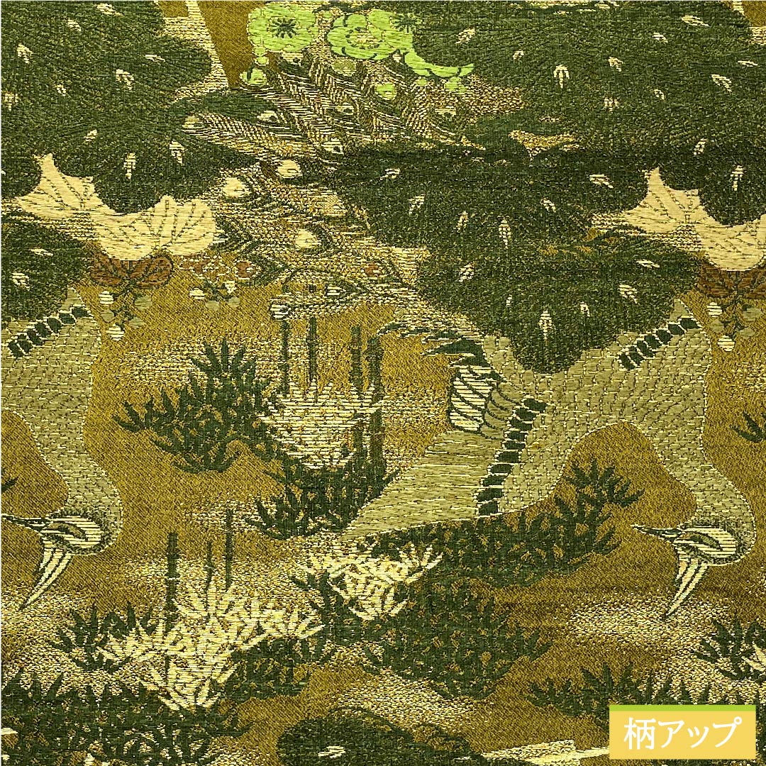 袋帯 正絹 路考茶色(ろこうちゃいろ) 丸帯 孔雀 松竹梅 扇面 帯丈394cm Sランク 全通 フォーマル 黄系 1123011282323