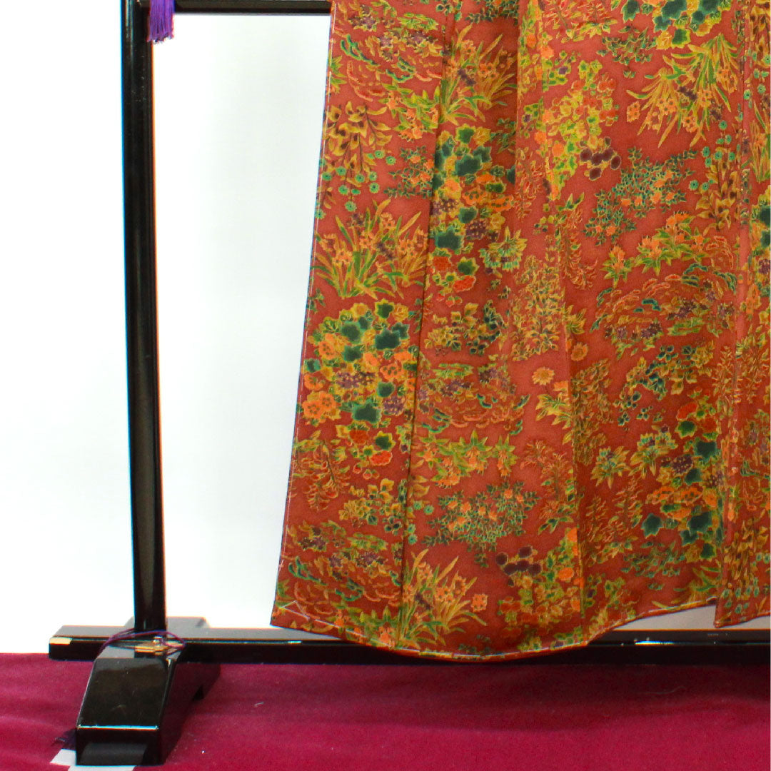 小紋 身丈154.5cm 裄丈61.5cm 袷 錆色 しつけ糸付き 草花模様 正絹 Aランク 茶系 1115003203214