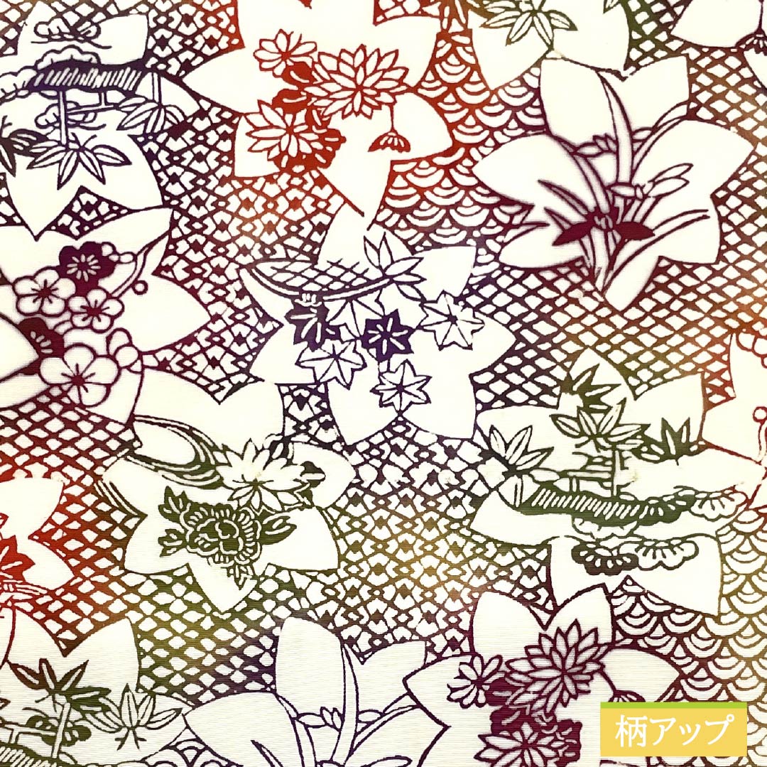 Nagoya obi, stencil-dyed, autumn leaves, chrysanthemums, obi length 377cm, pure silk, S rank, full-length, casual, white, 1124007762311, Nagoya-made