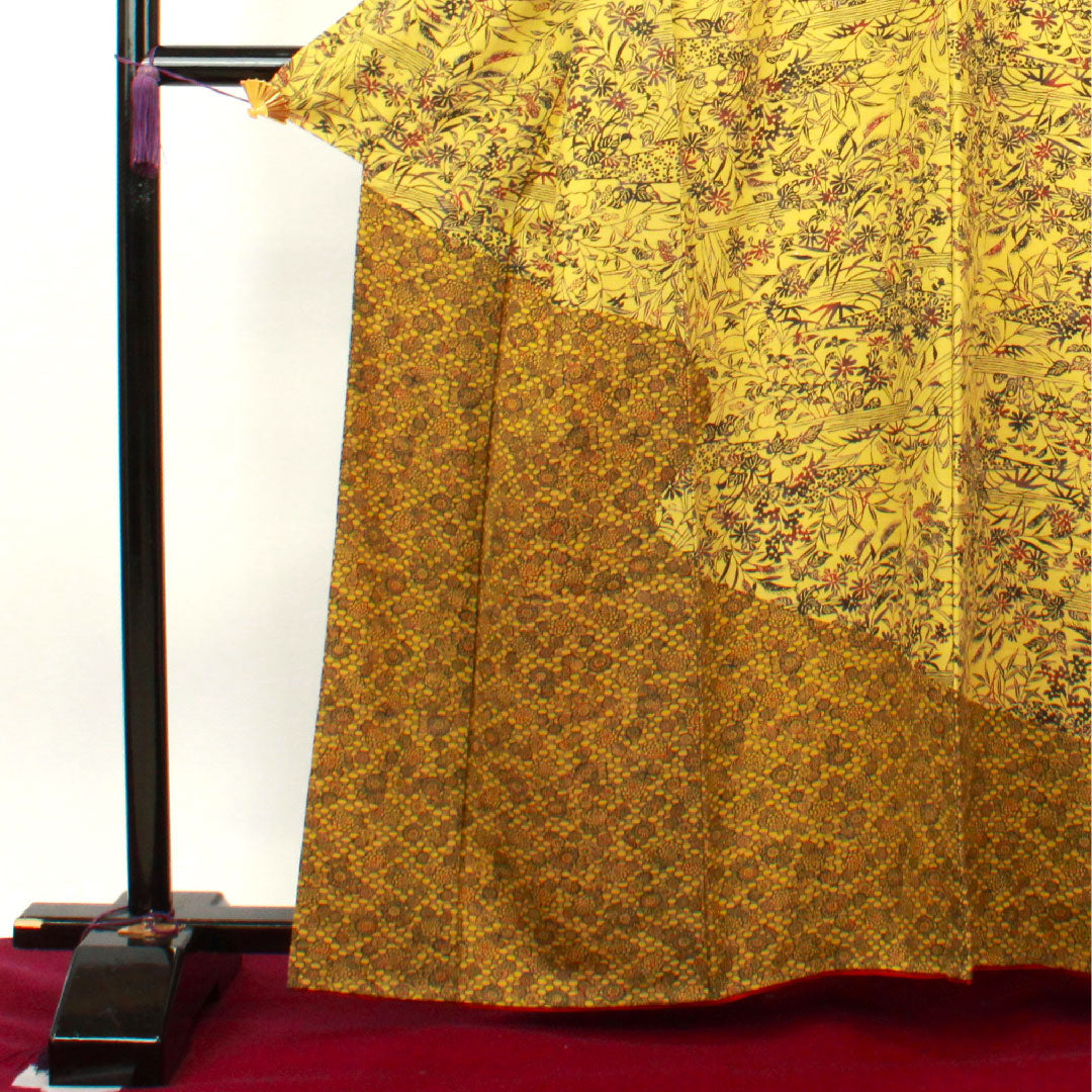 訪問着 正絹 袷 身丈161cm 裄丈64cm 白橡色 型染 草花模様 Bランク 黄系 1112002934423