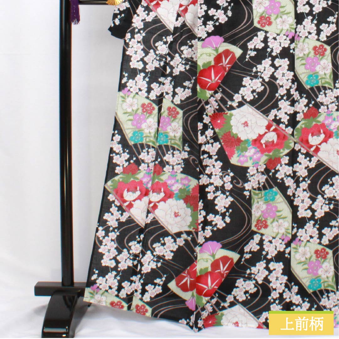 浴衣 木綿 身丈167cm 裄丈64cm Sランク 単衣 黒系 竪絽(たてろ) 総花 扇面 1118006262510