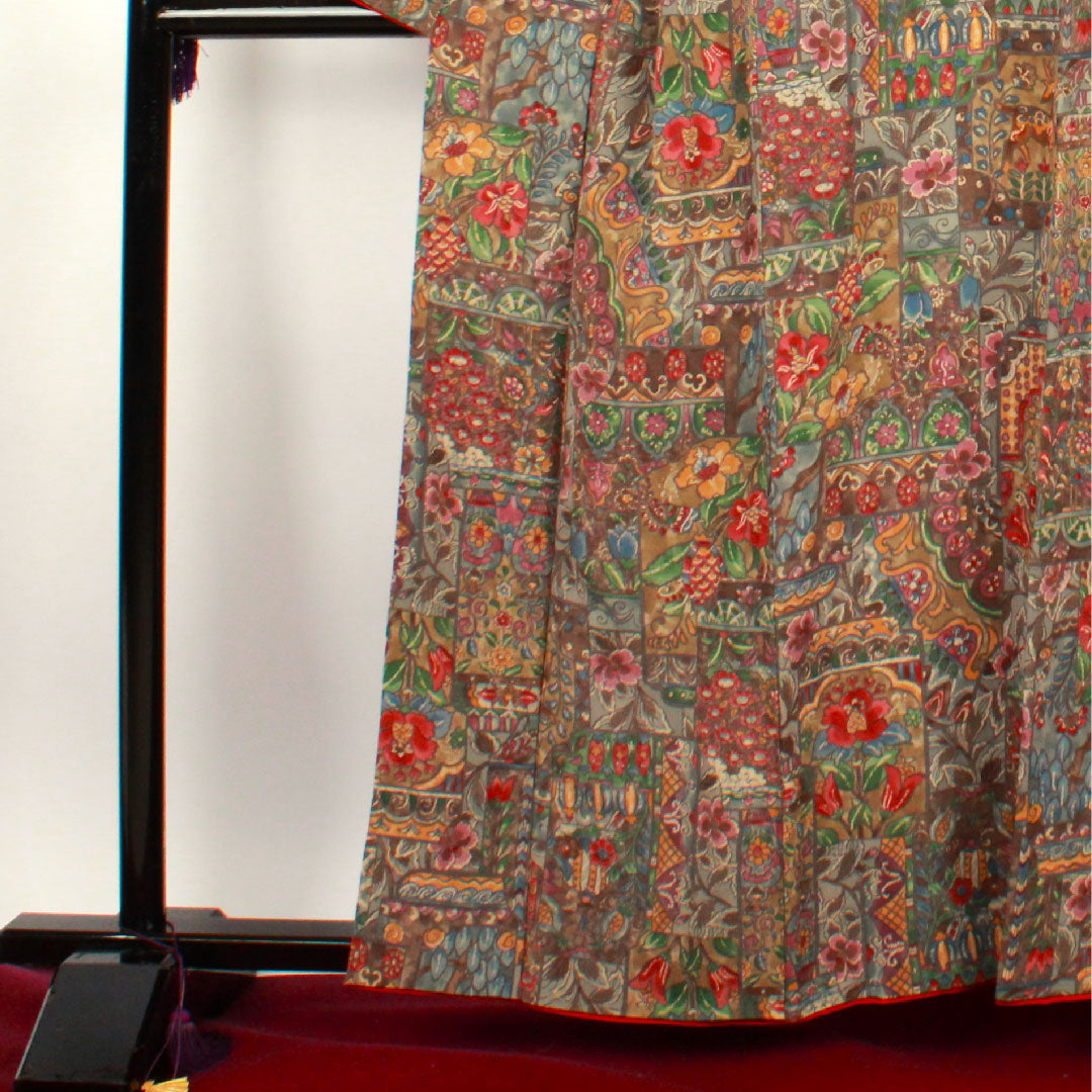 小紋 身丈160cm 裄丈62cm 袷 更紗模様 正絹 Aランク グラデ 1115002303499