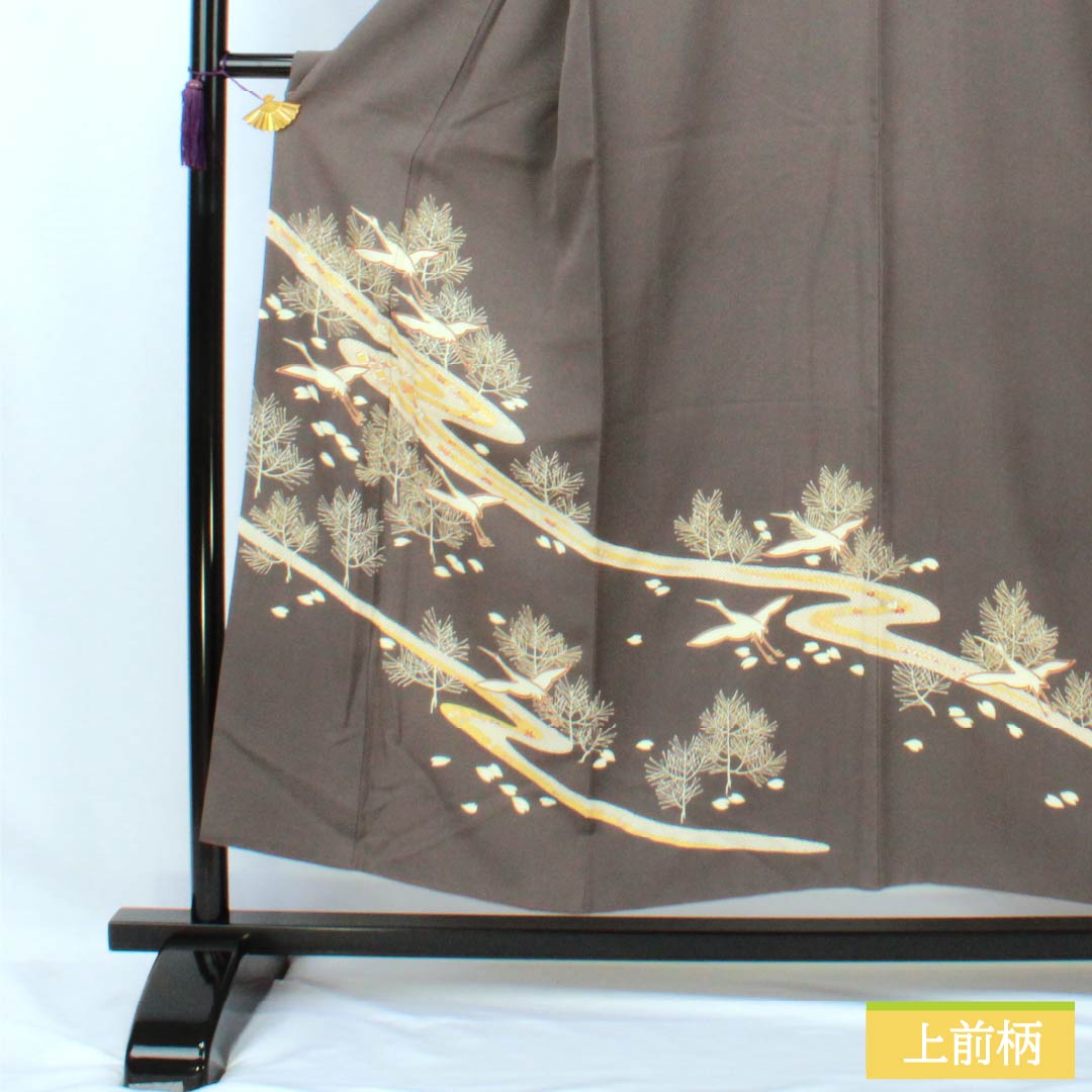 訪問着 正絹 Aランク 袷 身丈152cm 裄丈63.5cm 消炭色(けしずみいろ) 京友禅 一つ紋 陰上り藤 流水 鶴 グレー系 1112007203222