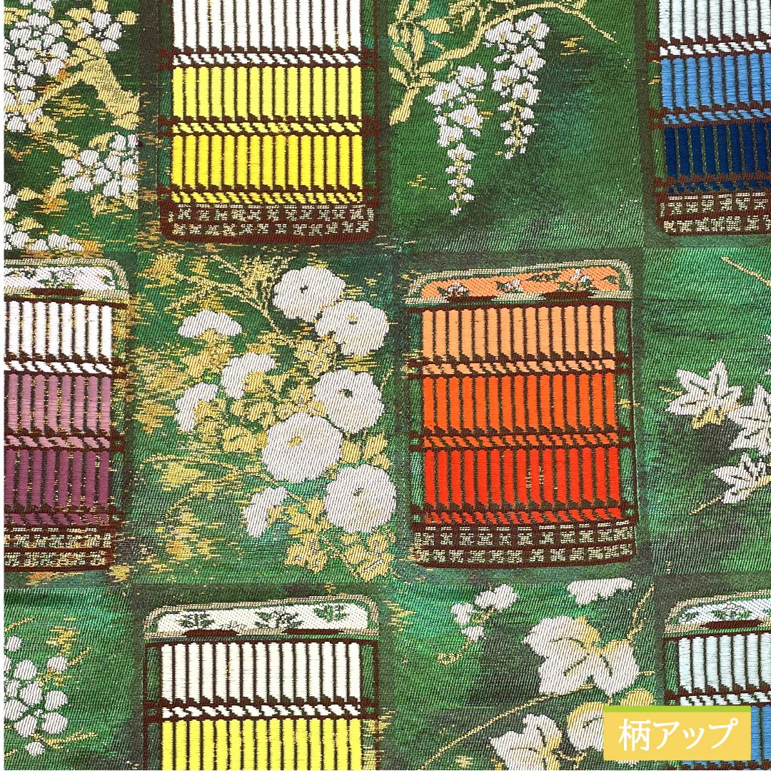 袋帯 正絹 天鵞絨色(びろうどいろ) 梅 蔦 藤の花 桜 帯丈424cm Aランク 六通 フォーマル 緑系 1123012113319