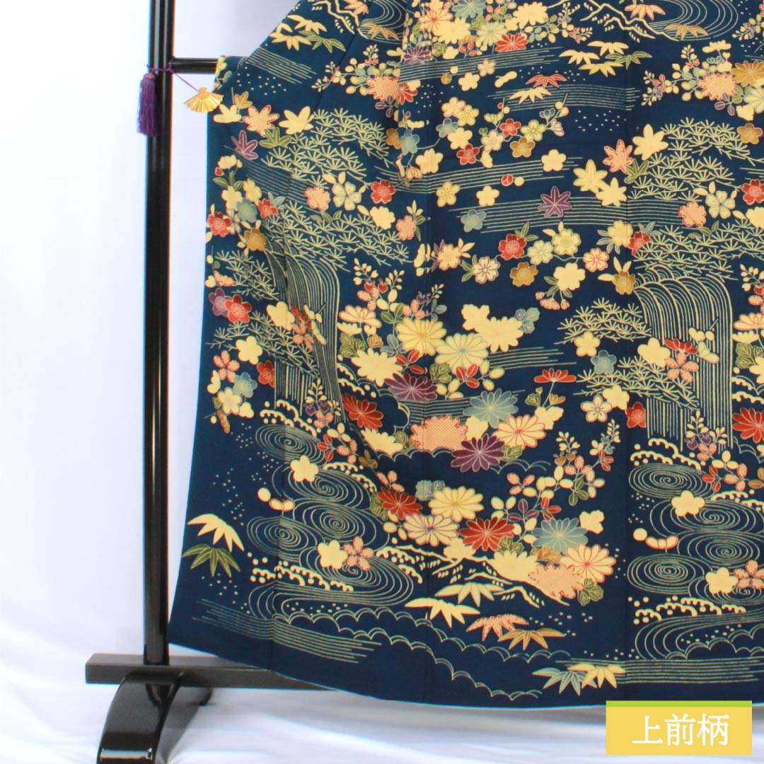 訪問着 正絹 Aランク 袷 身丈160cm 裄丈64.5cm 紺色(こんいろ) 型染 流水 小花 紺系 1112006913418