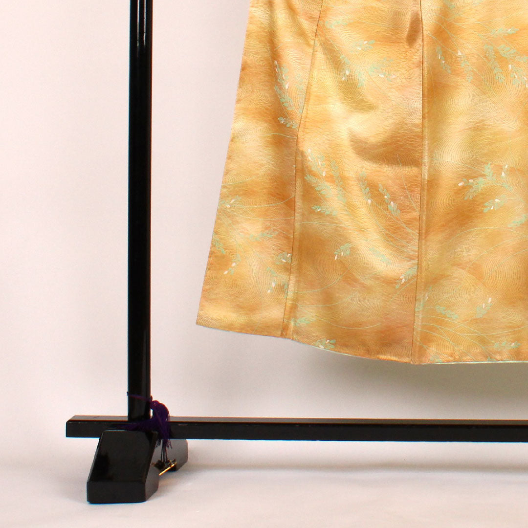 小紋 身丈147.5cm 裄丈61.5cm 袷 洗える着物 流水に葉 ポリ Aランク 黄系 1115000213123