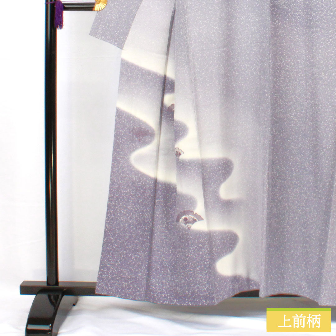 訪問着 正絹 袷 身丈157.5cm 裄丈61.5cm つるば鼠色(つるばねずいろ) タタキ染 扇 一つ紋 中陰三階菱 Aランク 紫系 1112005223320